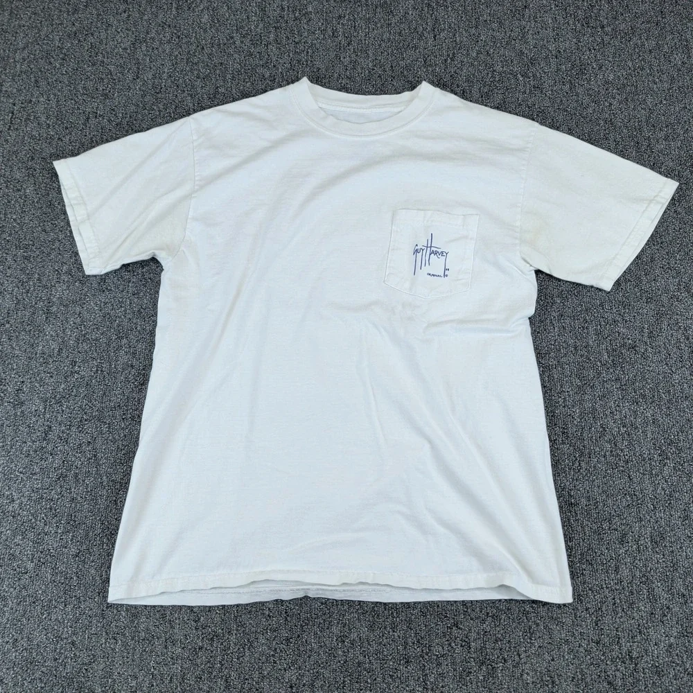 Guy Harvey Coastal Marlin Fishing Pocket T-Shirt Mens Medium White 100% Cotton